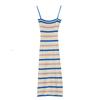 Vestido Camisola de Tricô com Padrão de Caranguejo de Cinco Listras, Vestido de Verão Sem Mangas que Mostra a Clavícula para Mulheres, Vestido Bodycon Sexy que Marca a Cintura