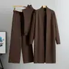 Conjunto de Punto de Moda Primavera y Otoño para Mujer de Comercio Exterior Transfronterizo: Conjunto de Tres Piezas: Cárdigan Chal Largo + Chaleco de Cuello Alto + Pantalones de Pierna Ancha