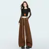 Jeans Xadrez Renda Cadarço Estilo Retrô Americano para Mulheres, Moda Nova Outono Inicial 2026 Calça de Perna Larga Solta Emagrecimento