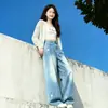 Jeans anchos bordados florales azules para mujer, colección verano y otoño 2026, talla grande, tiro alto, corte holgado, efecto adelgazante, estilo de pierna recta