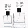 Venta al por mayor en stock, 50 ml-100 ml, botella de perfume cuadrada de vidrio transparente, botella de spray de prensa, subbotella de fragancia de aceite esencial