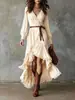 Vestido Bohemian Irregular com Mangas Longas, Decote em V e Acabamento em Renda, Estilo Europeu e Americano Transfronteiriço, Primavera de 2026