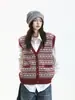Colete de Tricô Jacquard Estilo Coreano Retrô Fair Isle Feminino Outono Inverno Gola V Sem Mangas Peça para Sobrepor Top Tank Jaqueta Colete
