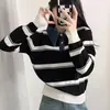2026 Novo Suéter de Tricô Listrado Estilo Coreano com Gola Jeans para Mulheres Primavera e Outono Blusa Solta para Mulheres