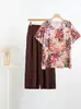Estilo Novo de Verão 2025 Algodão Seda Jacquard Floral Manga Curta Camiseta Terno de Calça de Algodão e Linho Roupa de Exterior Casual para o Dia a Dia