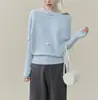 Top de punto con hombro inclinado, color azul claro, cuello inclinado, dobladillo de canalé, cintura ceñida, manga murciélago y hombros caídos para mujer