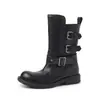 Botas Martin de piel de oveja con hebilla de cinturón desmontable de doble uso invierno 2026 tacón bajo grueso punta redonda cuero genuino botas de media pantorrilla para mujer talla 42 talla grande