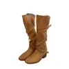 Novos estilos outono/inverno: Botas de montaria de 7cm de aumento de altura, perna longa, bico fino, com tiras cruzadas, salto grosso, de cano médio, Botas Western para mulheres