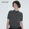 ANNA Moda Básica_Camiseta de Punto para Mujer de Cuello Alto Corto de Manga Corta/Top Corto de Lana/Camiseta Base Suéter
