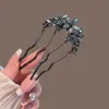 Elegante Pasador de Flor con Pedrería en Forma de U para Mujer, Pasador Peine con Inserto Negro Gunmetal, Pasador Estilo Antiguo Nuevo Estilo Chino para Peinados Recogidos