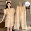 Pijama de Mujer con Copas en el Pecho, Dulce Estampado Tie-Dye Floral Nube de Algodón con Mangas Cortas tipo Chaleco Conjunto de Tres Piezas para Primavera y Verano Ropa de Casa