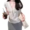 Camisa de Encaje de Manga Corta con Cuello en V Talla Grande para Mujer Verano Estilo Francés Diseño Adelgazante Top Corto