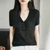 Top de tricô de linho gelado de manga curta com gola pequena estilo coreano para mulheres, polo emagrecedor e versátil, fino de verão 2026