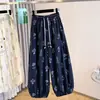 Pantalones de Linterna de Algodón y Lino Estampados Retro para Mujer Verano Delgados Casuales Cortos tipo Harem Versátiles Sueltos Joggers con Puños