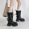 Botas de Couro Retro Versáteis de Salto Alto Botas com Solado Grosso Texturizado para Mulheres Outono e Inverno Estilo Britânico Botas de Moda de Salto Grosso Pequeno