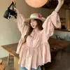 Nova moda outono versátil camisa modeladora com bordas fofas franzidas, top babydoll soltinho estilo A-line de fada