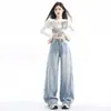Foto Real de Jeans Wide Leg com Strass de Cor Clara Super Popular para Mulheres, Novo Modelo de Venda Quente da Primavera de 2026, Calça Wide Leg Céu Estrelado