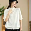 Novedad de Principios de Otoño 2026: Camiseta de Punto para Mujer con Cuello Medio Alto, Top Holgado de Color Sólido con Botones, Manga Media Versátil Capa Base MHT
