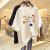Camiseta de Algodão Puro de Comprimento Médio Estilosa e Juvenil, Modelagem Solta, Manga Curta para Mulheres, Nova Tendência Verão 2025 Estilo Coreano Manga Meia-Manga Ins