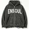 Sudadera con capucha de remaches de alta resistencia, sudadera con capucha con cremallera, lavada, desgastada y rota, estilo callejero americano, corte holgado para hombre