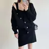 Chic Coreano Otoño e Invierno Nicho Retro Holgado Perezoso Abrigo Suéter Conjunto de Dos Piezas de Vestido de Tirantes Tejido para Mujer