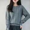 Suéter de tricô jacquard 100% algodão puro com gola redonda para mulheres, suéter de algodão suave e elegante, adequado como camada base, top de corte solto
