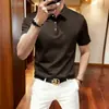 Camiseta tipo polo casual de manga corta, color liso, de seda helada, sin costuras, de marca francesa de alta gama, para hombre, elástica, corte ajustado, sin arrugas, antiarrugas