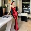Vestido Sling Vintage Estilo Hong Kong Francés Rojo Ácido Acético Sexy Cuello Oscilante Tubo Ceñido Espalda Descubierta vestido