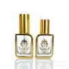 Botella de Aceite Esencial Galvanizado de 10 ml Cuadrada Dorada Tallada Botella de Perfume Botella de Vidrio con Bola Botella Vacía de Spray Dividido Cosmético