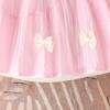 2025 Amazon Estilo Coreano Novo Decoração de Laço Rosa Vestido de Princesa Verão Sem Mangas Estilo Fofo para Meninas