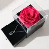 Caixa de Joias com Flor Real Rosa Imortal e Luz, Gaveta Dupla de Acrílico para Anel, Colar, Caixa de Presente