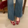 20256 Estilo Nuevo de Primavera Ante Hebilla Metálica Tacón Grueso Sin Cordones Versátiles Zapatos de Ballet para el Trabajo para Mujer