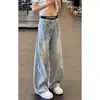 Calça jeans desconstruída plissada masculina, estilo primavera e outono, corte reto solto, pernas largas curvas, calça de estilo americano de alta qualidade, moderna e versátil
