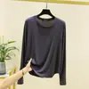 Nueva Camiseta Base de Modal con Cuello Redondo, Manga Larga, Efecto Adelgazante, Patchwork para Mujer, Top de Color Sólido para Primavera y Otoño, Camiseta de Manga Larga Ajustada Talla Grande para Mujer