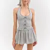 Estilo Europeo y Americano Sexy Cuello en U Estampado de Rayas Lazo Cuello Halter Vestido Camiseta Verano Ajustado Delgado Chica Caliente Vestido Corto para Mujeres