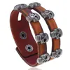 Joias Masculinas Europeias e Americanas Pulseira de Couro com Caveira em Liga Metálica de Duas Fileiras, Pulseira de Couro de Vaca Vintage Desgastado Mais Vendida Transfronteiriça