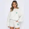 2025 Conjunto Esportivo Americano Feminino Outono Ins Novo Gola Redonda Solta Moletom Estampado Moda Corrida Dois