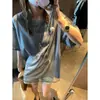 Moand Verano Doble Jugada Sentido del Diseño Malla Falso Dos Piezas Costura Casual Holgada Camiseta de Manga Corta MQ0519