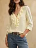 2026 Comercio Exterior Ropa Europea y Americana para Mujer Nueva Manga Larga Cuello en V Volante Color Sólido Temperamento Francés Ajustado Top Jacquard Mujer