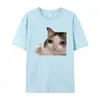 Camiseta de Algodão Tamanho Europeu2025 Verão Gato Triste Gosta de Você Gola Redonda Camiseta Unissex Modelagem Solta Preta