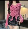 Sexy Spice Girl Diseño Cuello en V Sentido Manga Cuerno Irregular Volantes Camisa Base Otoño e Invierno Nuevo Top Ajustado Trendy