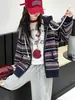 Abrigo para Niñas Engrosado Otoño Invierno 2024 Elegante Nueva Llegada Niña Grande con Capucha Tejido Suéter Cardigan Rayado Infantil