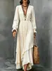 Vestido Longo Feminino Europeu e Americano Transfronteiriço Cor Sólida Decote V Boêmio Irregular Babado Chiffon Manga Longa