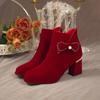 2025 Novos Sapatos de Casamento com Laço de Strass e Contas Estilo Coreano Franja Salto Grosso Xadrez Botas de Noiva Botas da Moda Vinho