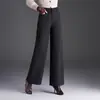 Calça de lã elegante de perna reta e larga para mulheres, novo estilo coreano para outono e inverno de 2026, calça casual de cintura alta que afina, com bom caimento para o trabalho