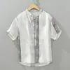 Camisa de Lino de Manga Corta para Hombre con Cuello Alto de Verano, Rayas Artísticas Casual, Holgada y Transpirable, Lobo del Territorio del Norte