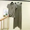 Traje Casual de Verano Nuevo Estilo con Camiseta de Manga Corta con Cuello en V y Cordón, Falda Larga de Cintura Alta con Lazo, Tallas Grandes