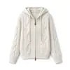 Suéter con Capucha de Doble Cremallera y Cordón para Mujer, Otoño Primavera, Cárdigan de Punto Trenzado, Chaqueta Corta Floja Perezosa, Top Suave y Esponjoso