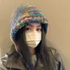 Gorro de Lana con Capucha Estilo Étnico Arcoíris para Mujer en Invierno, Orejeras Lindas, Que Muestra la Cara, Gorro de Punto Pequeño Cálido con Cordón Gradiente