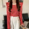Nuevo Estilo Coreano Primavera y Otoño 2022 Borde de Hongo El Más Fácil de Combinar Rayas Estilo Occidental Cuello Redondo Manga Larga Top Holgado para Mujer